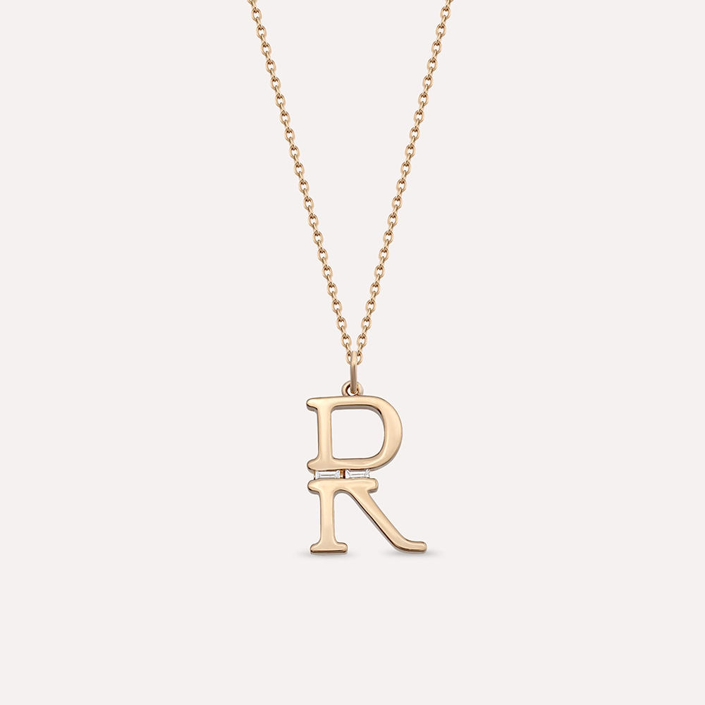 0.03 CT Baguette Cut Diamond R Letter Rose Gold Necklace - 2