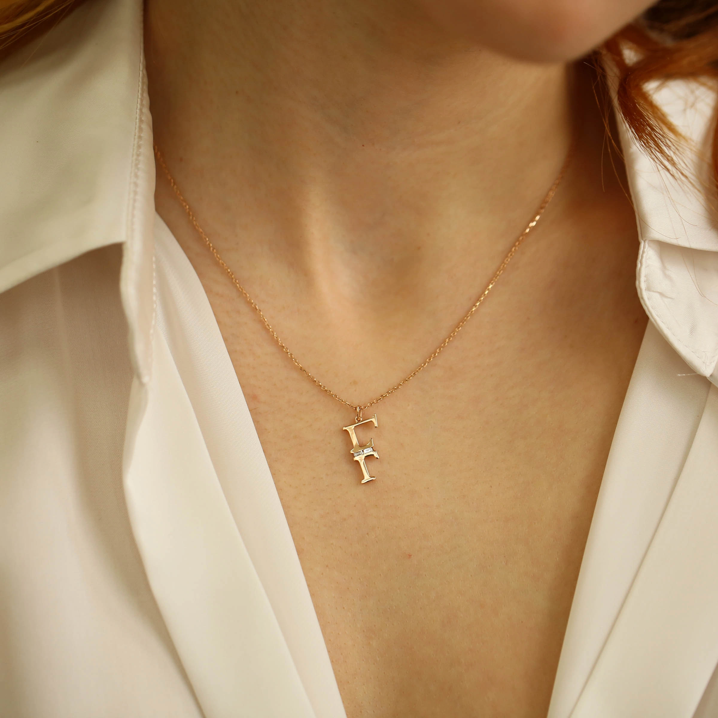 0.04 CT Baguette Cut Diamond F Letter Rose Gold Necklace - Nev Jewellery (1)