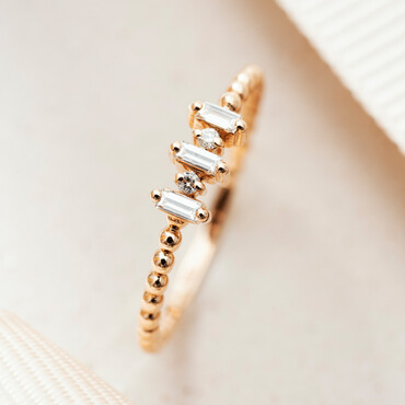 0.12 CT Baget Pırlanta Taşlı Minimal Rose Altın Yüzük - Nev Jewellery