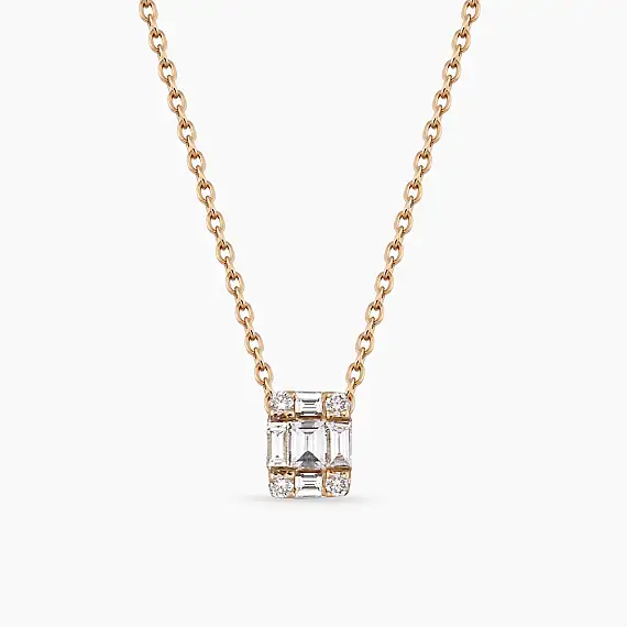 0.16 CT Baget Pırlanta Taşlı Rose Altın Kolye - 1