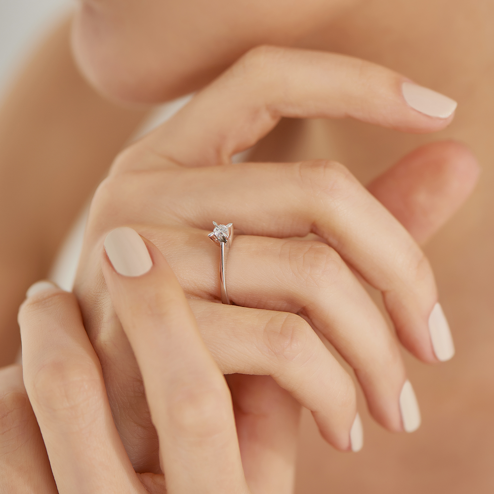 0.16 CT Pırlanta Taşlı Beyaz Altın Tektaş Yüzük - 3