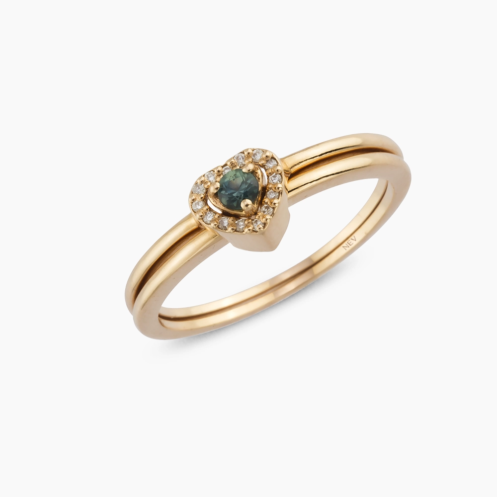 Cutie 0.16 CT Pırlanta ve Green Safir Taşlı İki Kalp Yüzük - 3