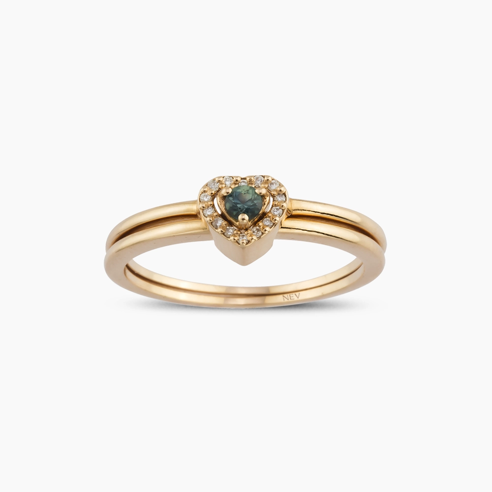 Cutie 0.16 CT Pırlanta ve Green Safir Taşlı İki Kalp Yüzük - Nev Jewellery (1)