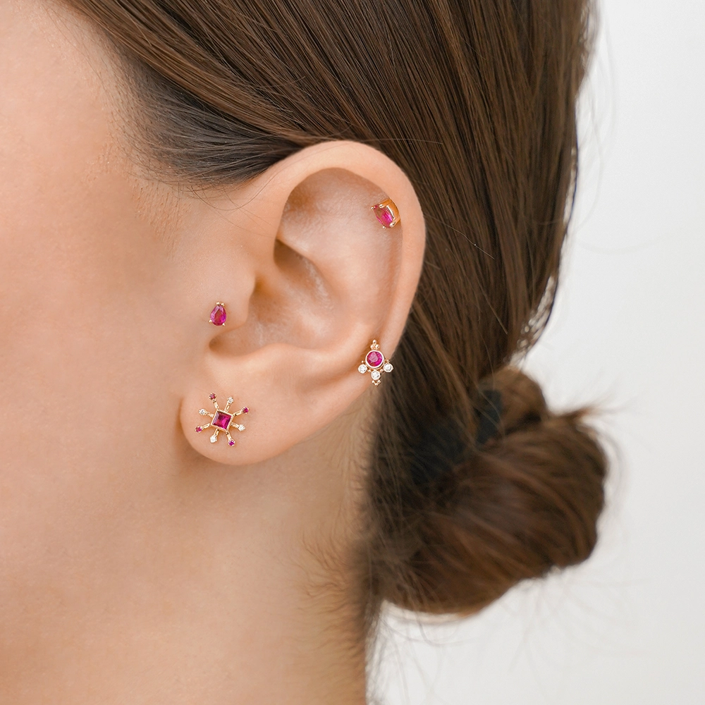 Bulb 0.18 CT Damla Kesim Yakut Taşlı Rose Altın Piercing - Nev Jewellery (1)