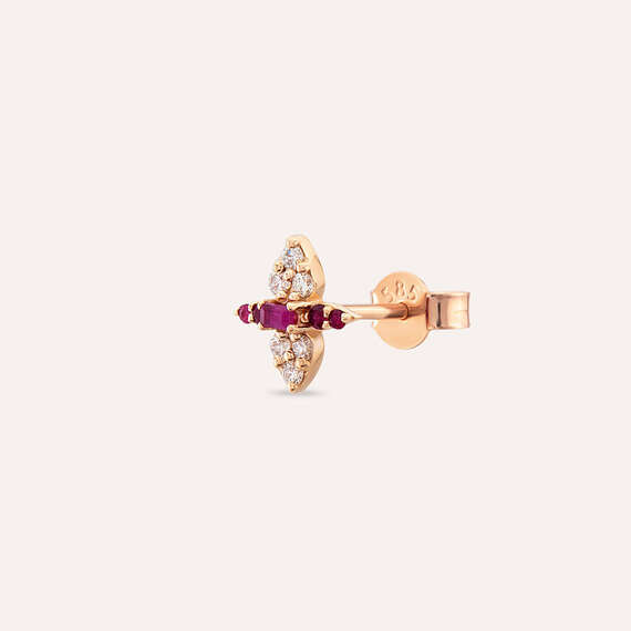 0.19 CT Baget Yakut ve Pırlanta Taşlı Rose Altın Tek Küpe - 4
