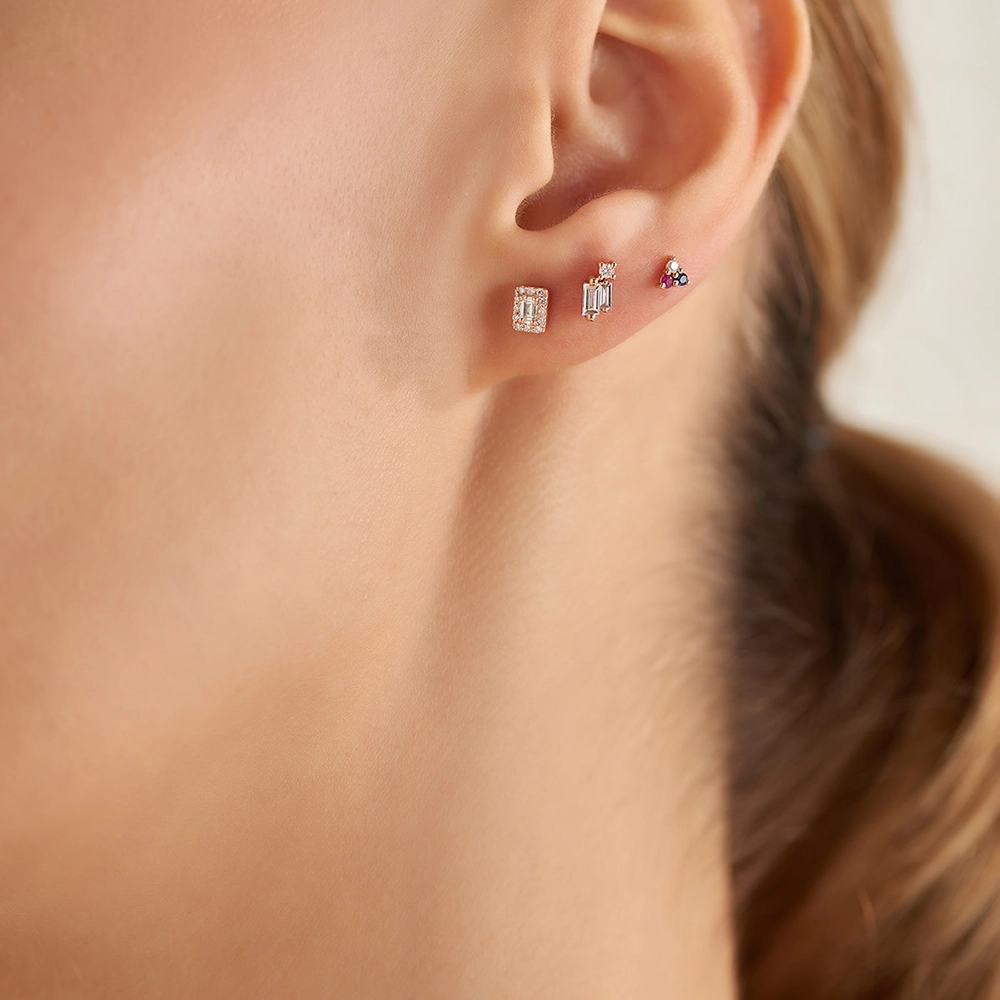 0.22 CT Baget Pırlanta Taşlı Rose Altın Küpe - Nev Jewellery (1)