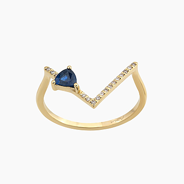 0.32 CT Pırlanta ve Safir Taşlı Sarı Altın V Yüzük - Nev Jewellery (1)