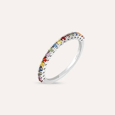 0.27 CT Multicolor Safir Taşlı Yarımtur Beyaz Altın Yüzük - Nev Jewellery