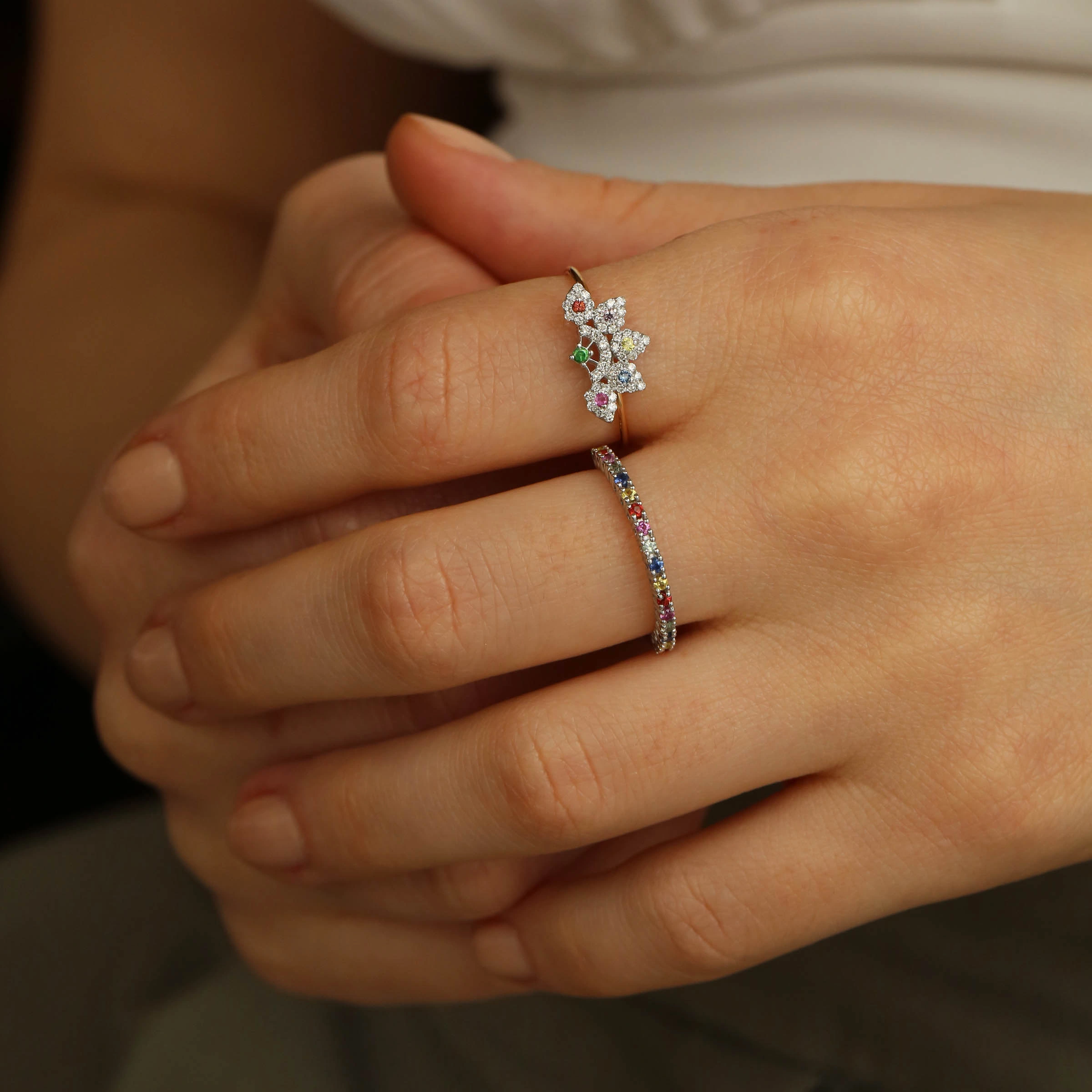 0.27 CT Multicolor Safir Taşlı Yarımtur Beyaz Altın Yüzük - Nev Jewellery (1)