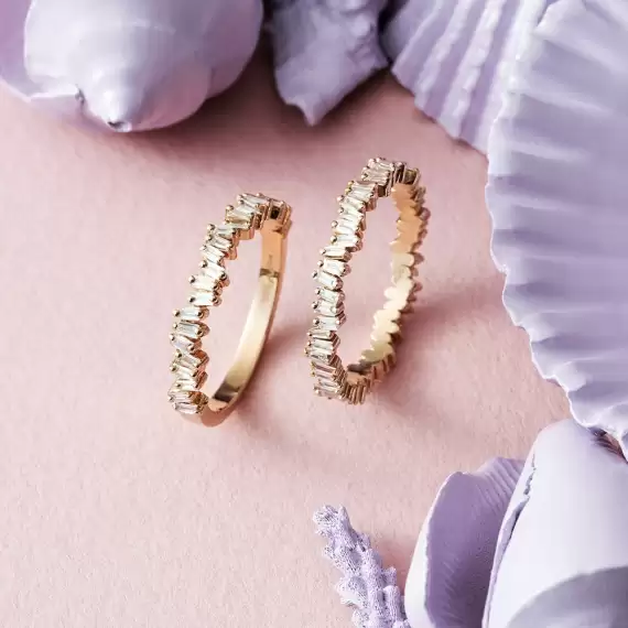 0.39 CT Baget Pırlanta Taşlı Rose Altın Yarımtur Yüzük - 1