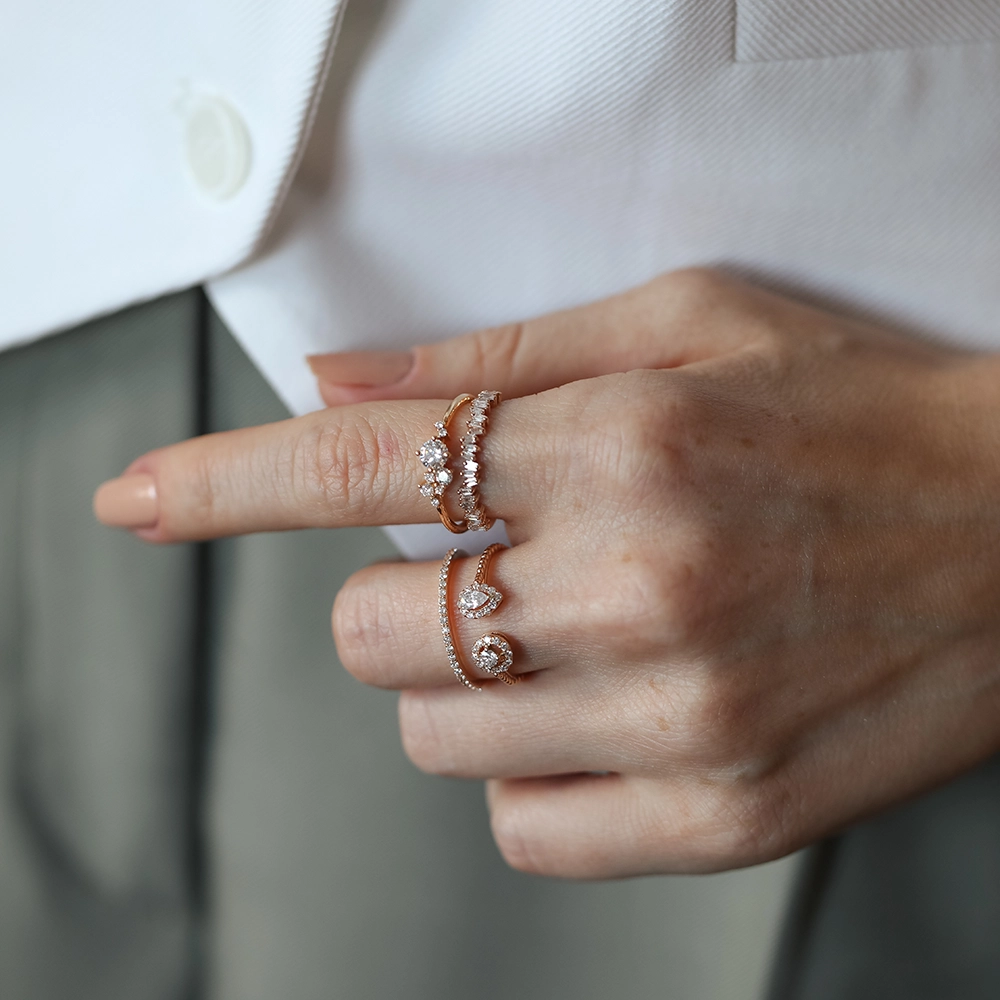 0.39 CT Baget Pırlanta Taşlı Rose Altın Yarımtur Yüzük - 5