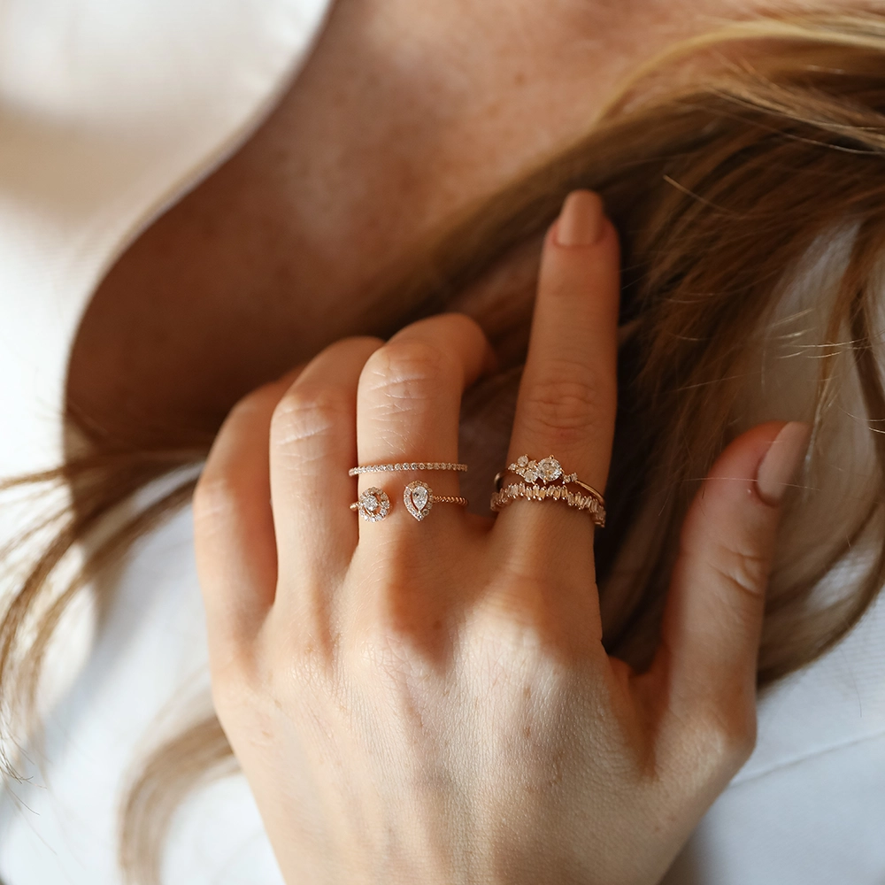 0.39 CT Baget Pırlanta Taşlı Rose Altın Yarımtur Yüzük - 6