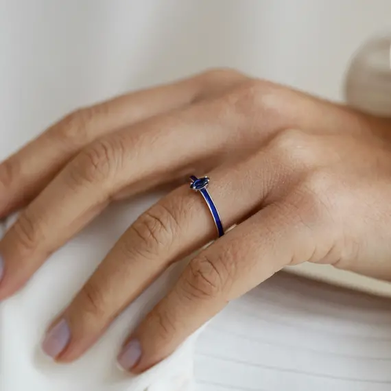 0.34 CT Markiz Kesim Safir Taşlı ve Mavi Mineli Beyaz Altın Yüzük - 2