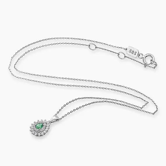 0.34 CT Zümrüt ve Pırlanta Taşlı Beyaz Altın Anturaj Kolye - 2
