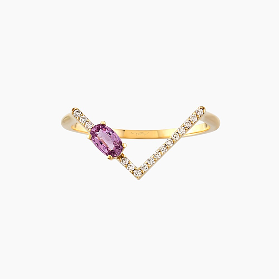 0.38 CT Pink Safir ve Pırlanta Taşlı Sarı Altın V Yüzük - 1
