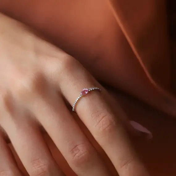 0.39 CT Pink Safir ve Pırlanta Taşlı Beyaz Altın Yüzük - 2