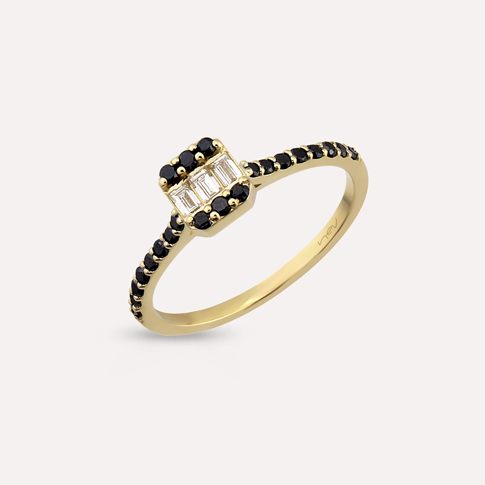 0.40 CT Black Diamond and Baguette Cut Diamond Yellow Gold Ring - 1