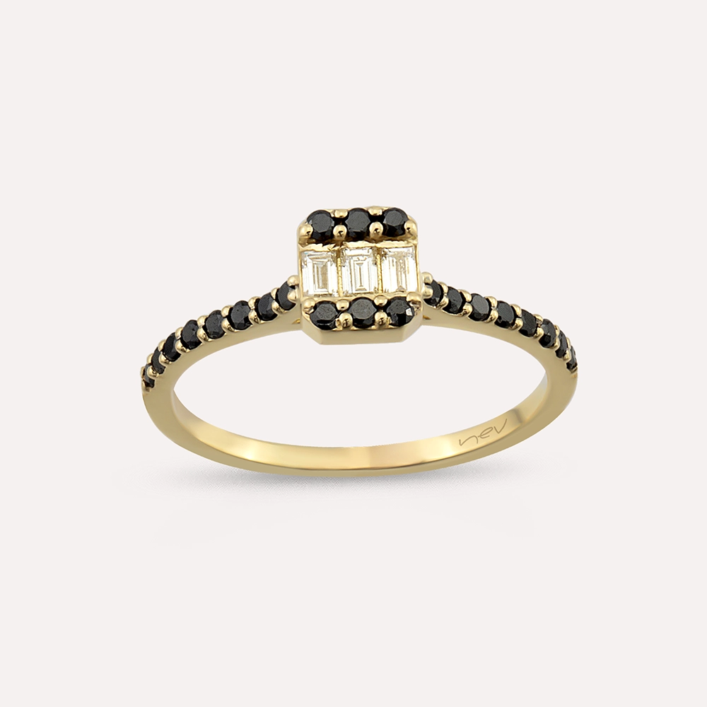 0.40 CT Black Diamond and Baguette Cut Diamond Yellow Gold Ring - 3