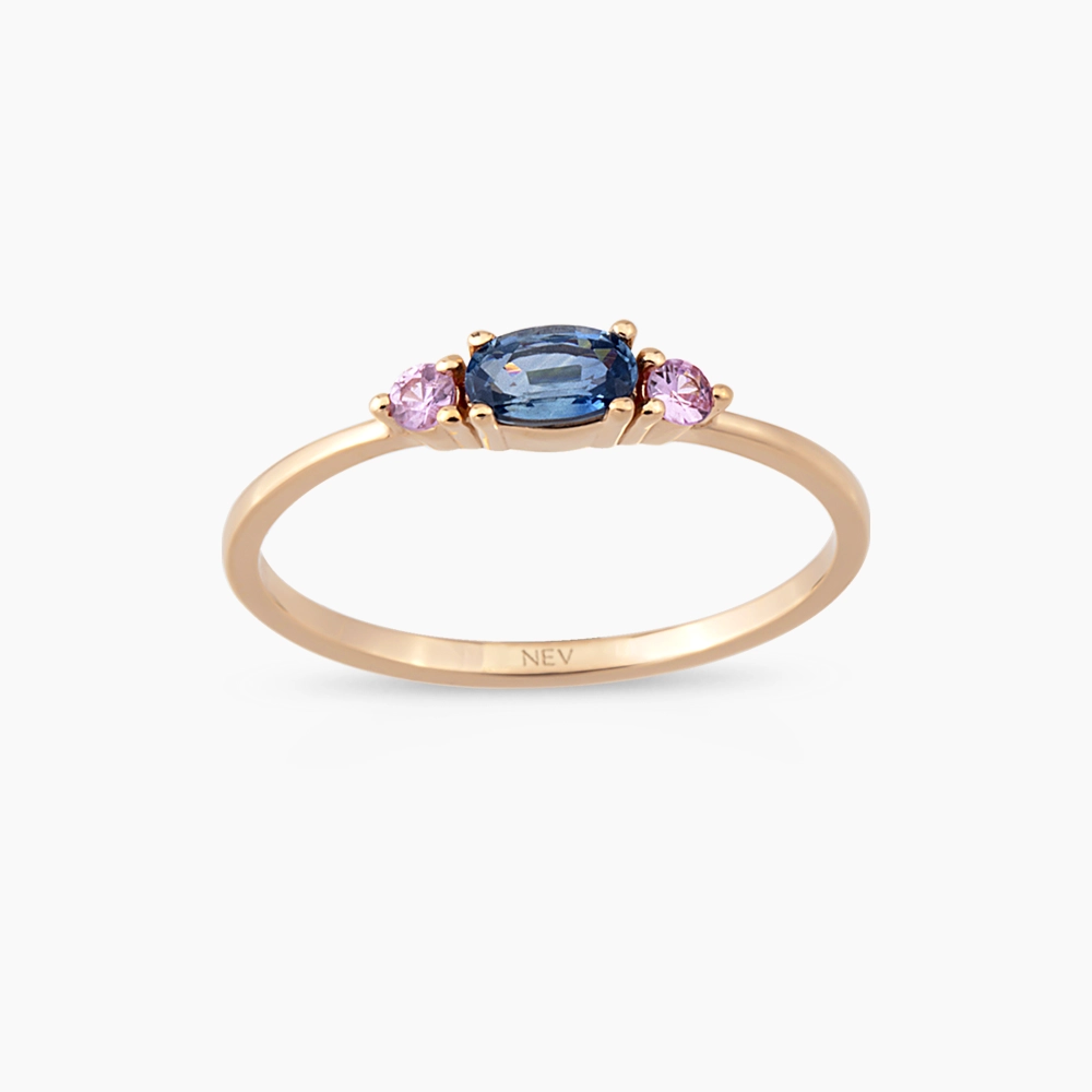 0.40 CT Blue ve Pink Safir Taşlı Rose Altın Yüzük - 1