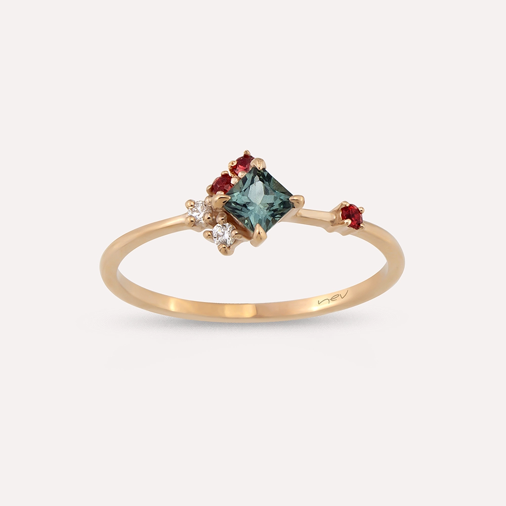 0.42 CT Pırlanta ve Multicolor Safir Taşlı Rose Altın Yüzük - Nev Jewellery (1)