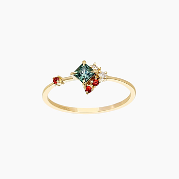0.36 CT Multicolor Safir ve Pırlanta Taşlı Sarı Altın Yüzük - Nev Jewellery