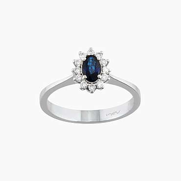 0.43 CT Safir ve Pırlanta Taşlı Beyaz Altın Anturaj Yüzük - Nev Jewellery