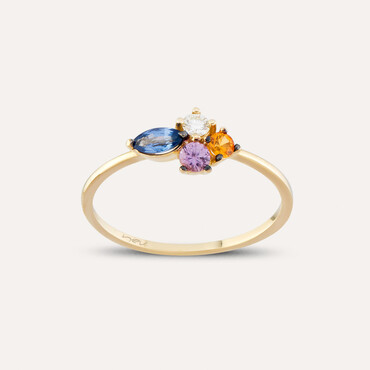 0.60 CT Multicolor Safir ve Pırlanta Taşlı Sarı Altın Yüzük - Nev Jewellery