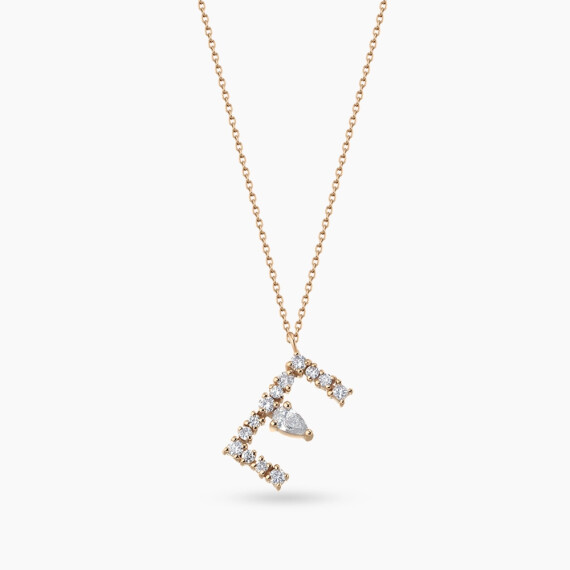 0.45 CT Pear and Princess Cut Diamond Rose Gold E Letter Necklace - Nev Jewellery