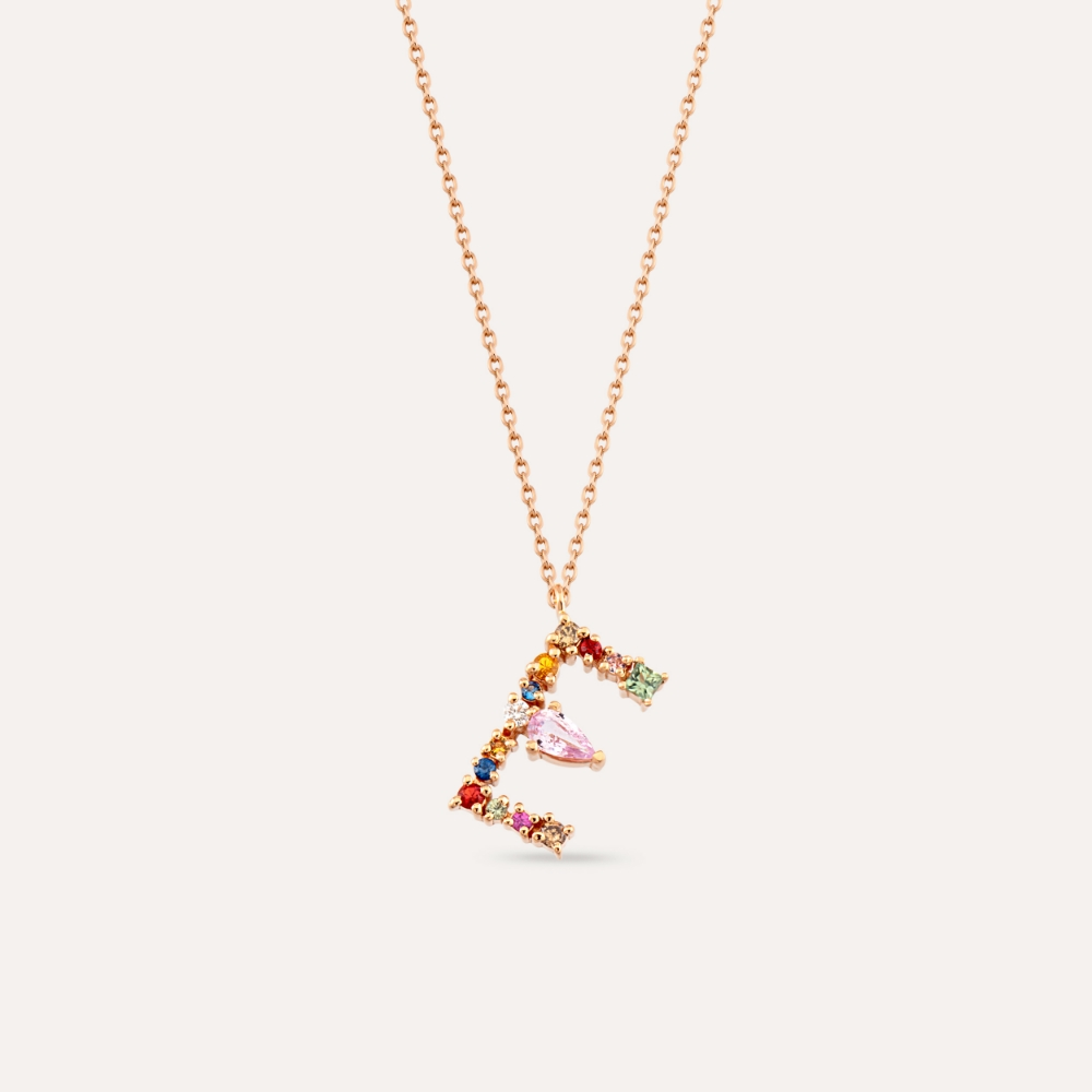 0.53 CT Brown Diamond and Multicolor Sapphire E Letter Necklace - 1