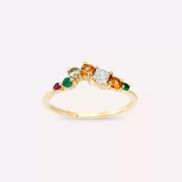 0.48 CT Zümrüt, Yakut ve Multicolor Safir Taşlı Sarı Altın Yüzük - Nev Jewellery (1)
