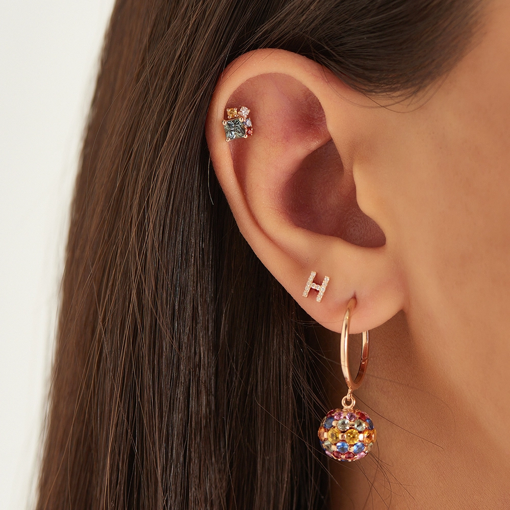 0.49 CT Multicolor Safir ve Pırlanta Taşlı Rose Altın Piercing - Nev Jewellery (1)