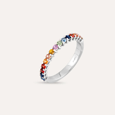 0.51 CT Multicolor Safir Taşlı Yarımtur Beyaz Altın Yüzük - Nev Jewellery