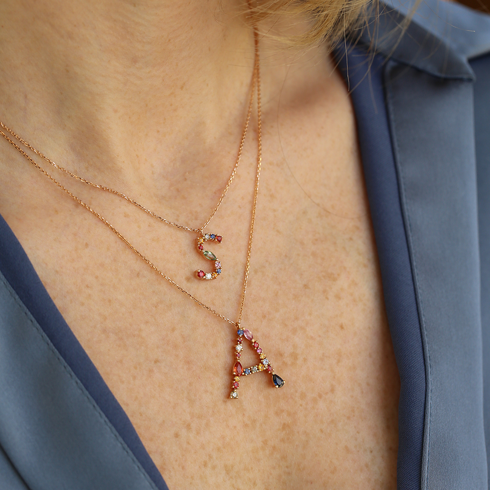 0.53 CT Brown Diamond and Multicolor Sapphire S Letter Pendant - 5