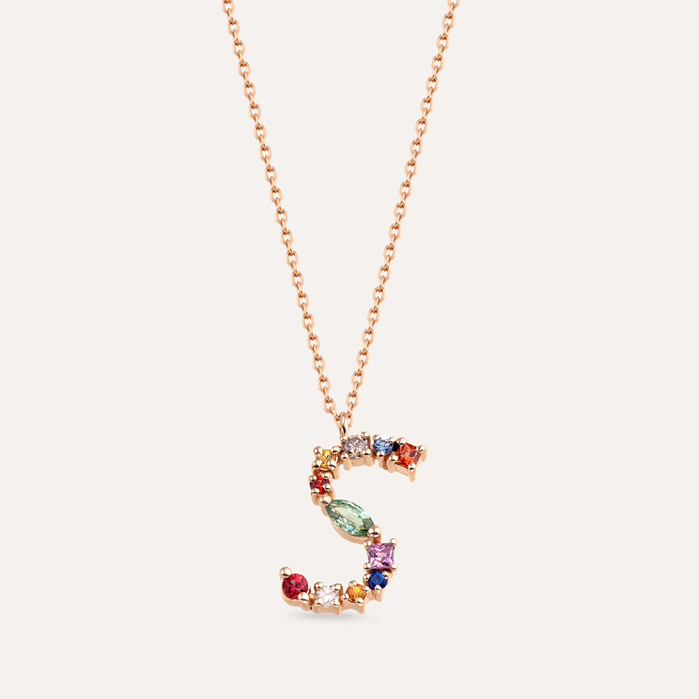 S Harf 0.53 CT Brown Pırlanta ve Multicolor Safir Taşlı Kolye - 1
