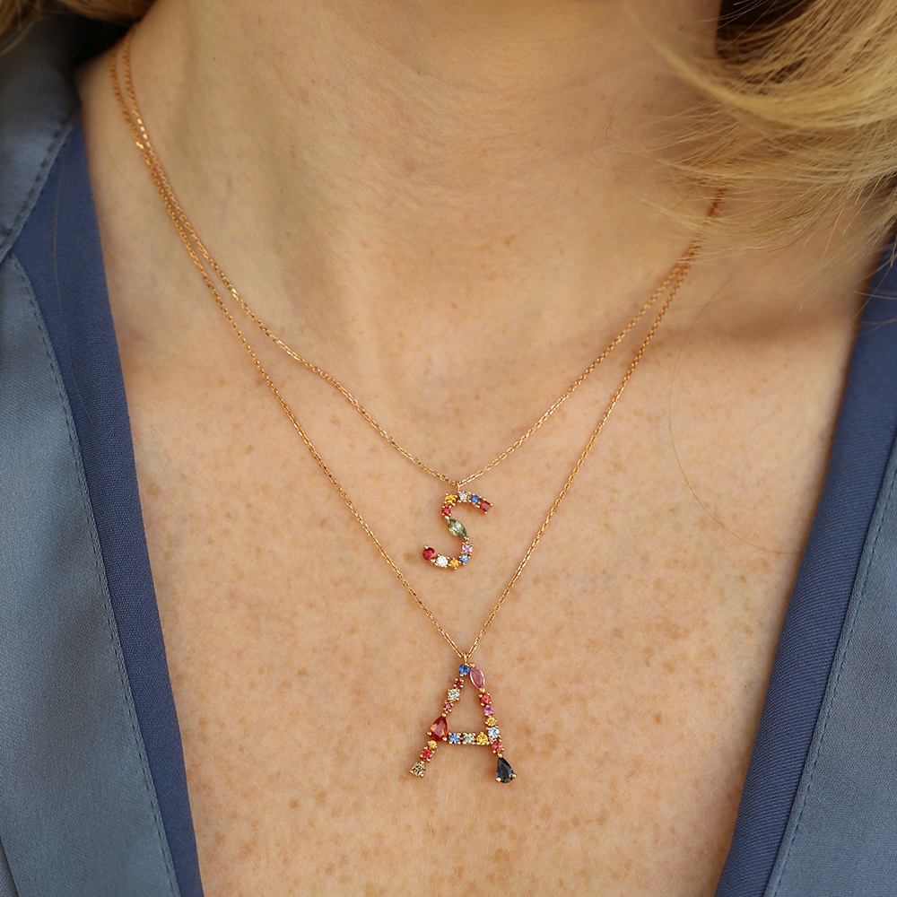 S Harf 0.53 CT Brown Pırlanta ve Multicolor Safir Taşlı Kolye - 3