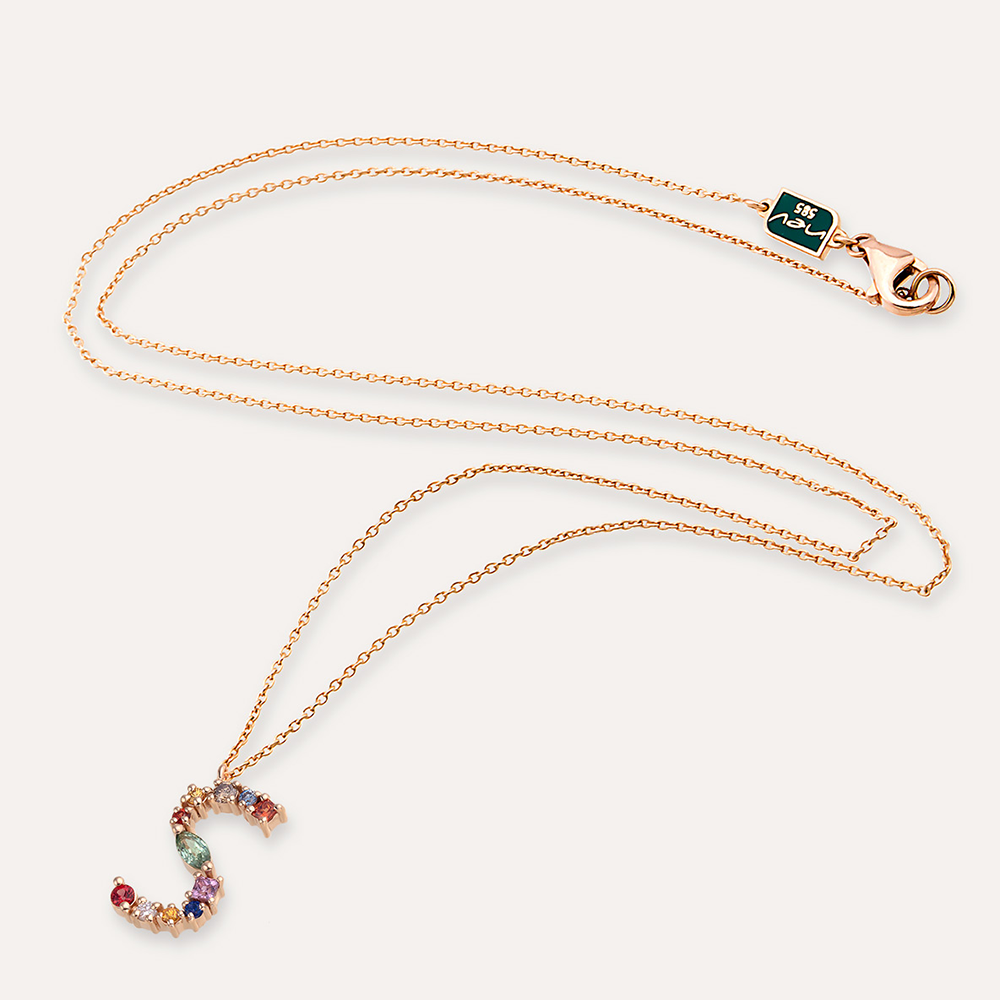 S Harf 0.53 CT Brown Pırlanta ve Multicolor Safir Taşlı Kolye - 4