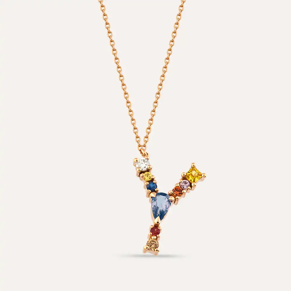 0.54 CT Brown Diamond and Multicolor Sapphire Y Letter Pendant - 1