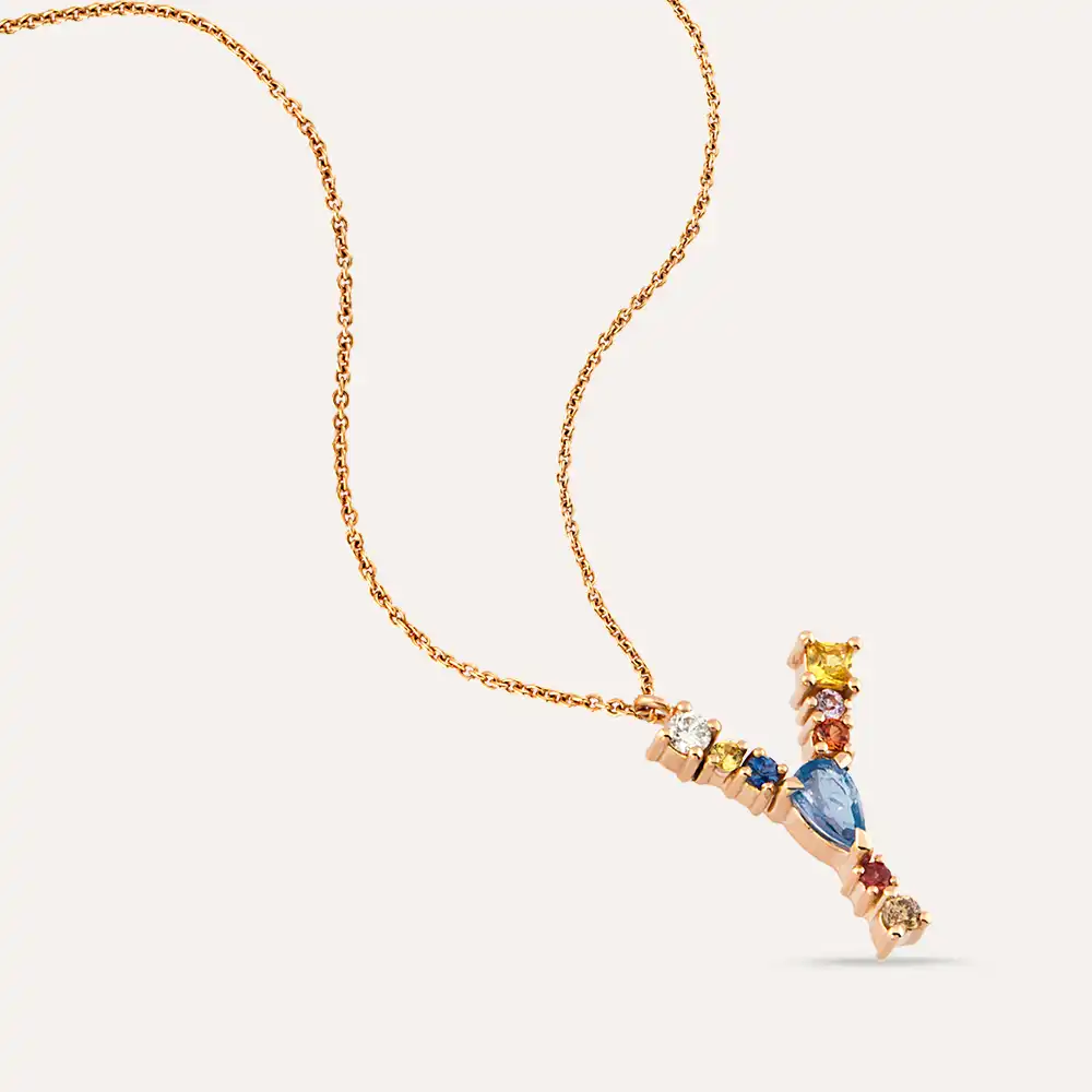 0.54 CT Brown Diamond and Multicolor Sapphire Y Letter Pendant - 3