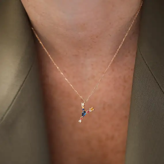 Y Harf 0.62 CT Brown Pırlanta ve Multicolor Safir Taşlı Kolye - 1