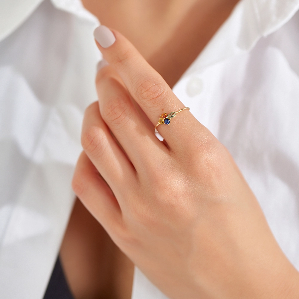 0.55 CT Multicolor Safir Taşlı Sarı Altın Yüzük - Nev Jewellery (1)