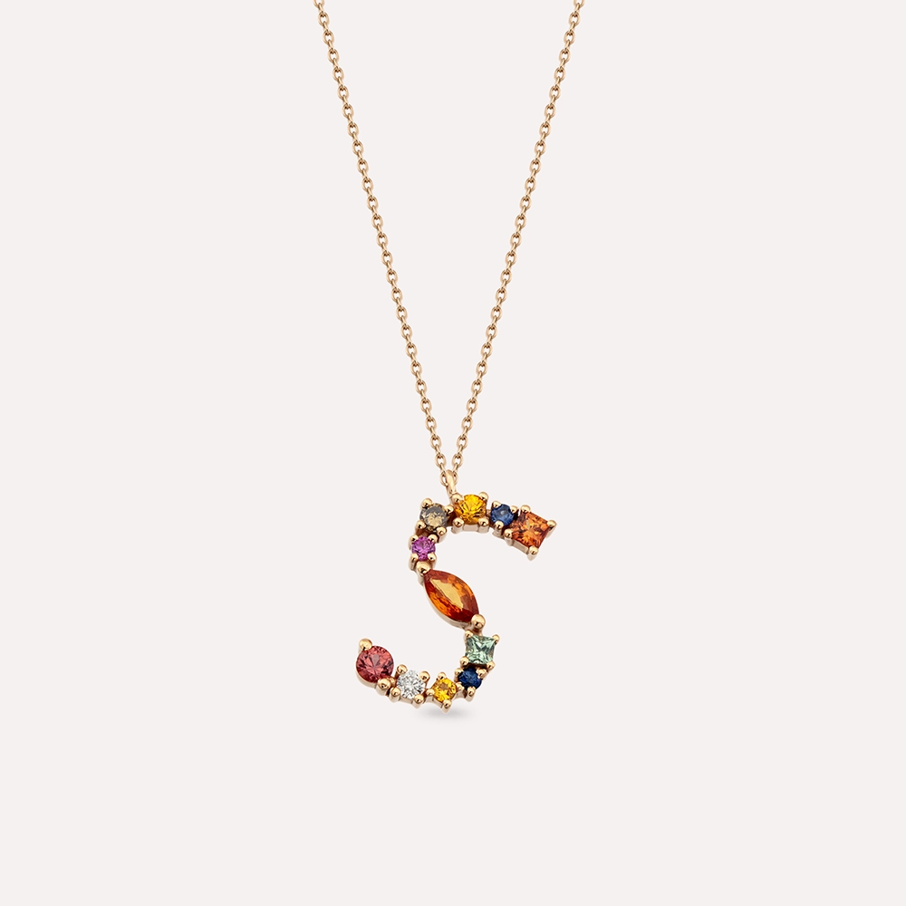 0.64 CT Brown Diamond and Multicolor Sapphire S Letter Pendant - 1