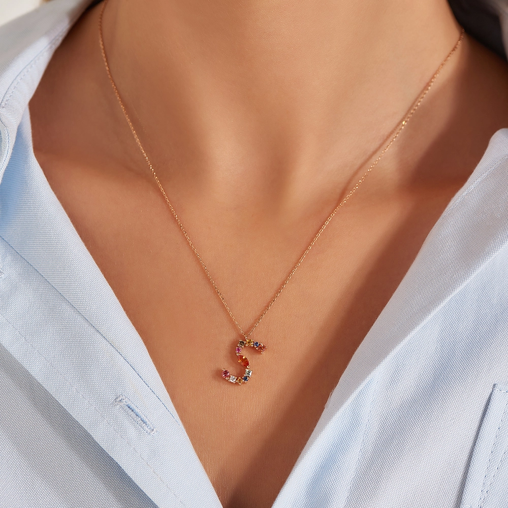 0.64 CT Brown Pırlanta ve Multicolor Safir Taşlı S Harf Kolye - Nev Jewellery (1)
