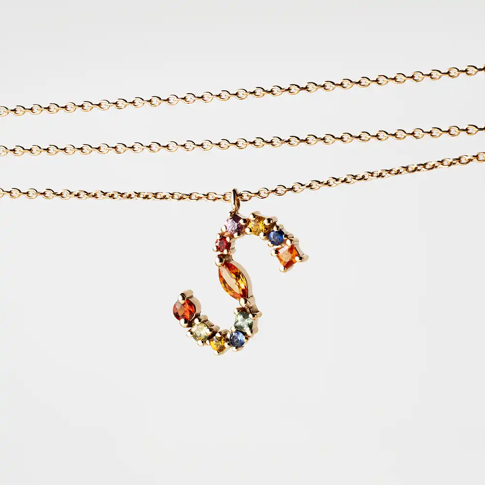 S Harf 0.64 CT Brown Pırlanta ve Multicolor Safir Taşlı Kolye - 4