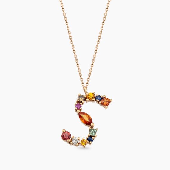 0.64 CT Brown Pırlanta ve Multicolor Safir Taşlı S Harf Kolye - Nev Jewellery