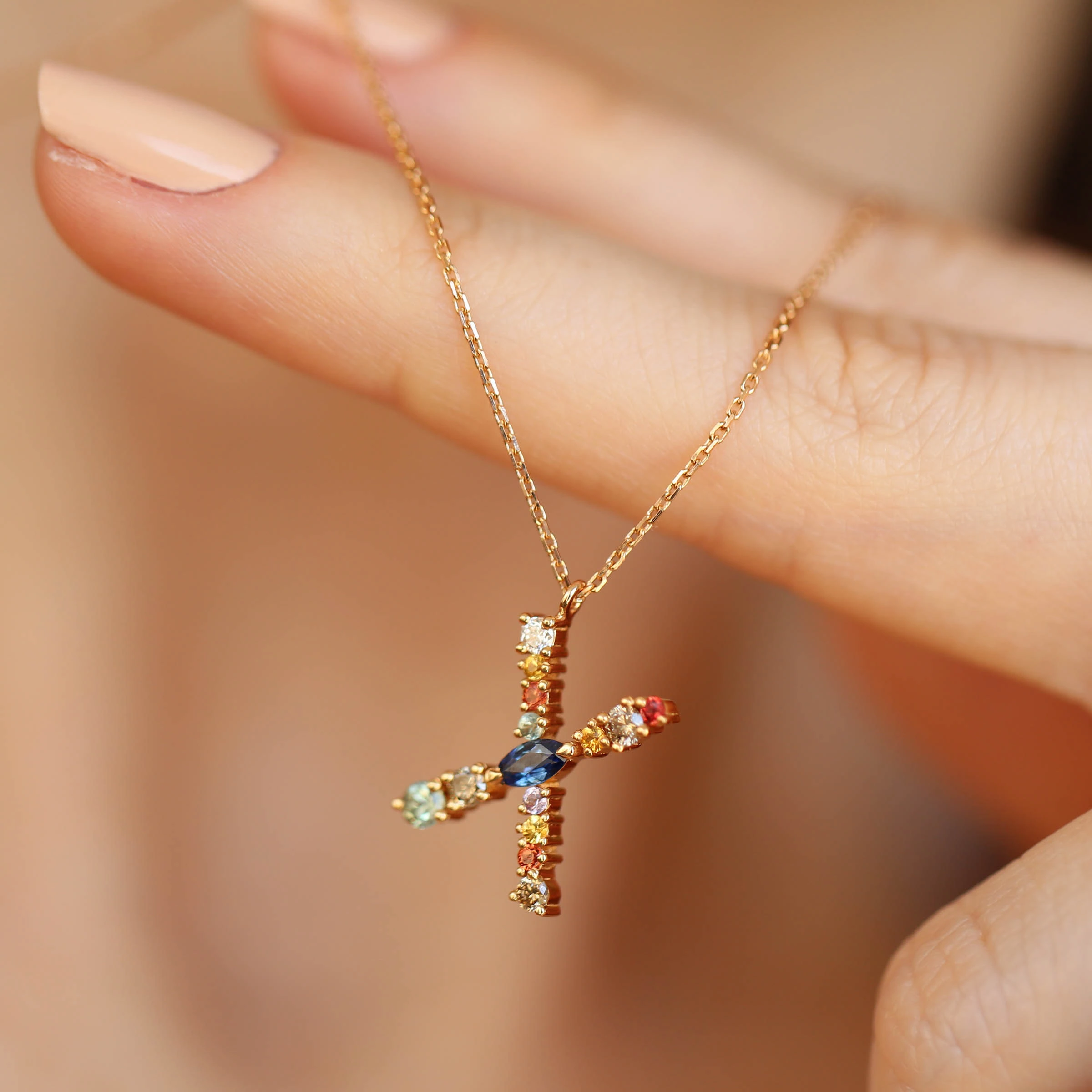 X Harf 0.57 CT Brown Pırlanta ve Multicolor Safir Taşlı Kolye - 1