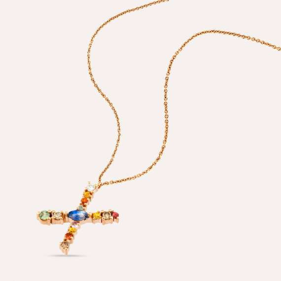 X Harf 0.57 CT Brown Pırlanta ve Multicolor Safir Taşlı Kolye - 5