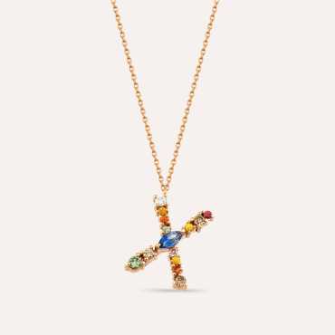 0.57 CT Brown Pırlanta ve Multicolor Safir Taşlı X Harf Kolye - Nev Jewellery (1)