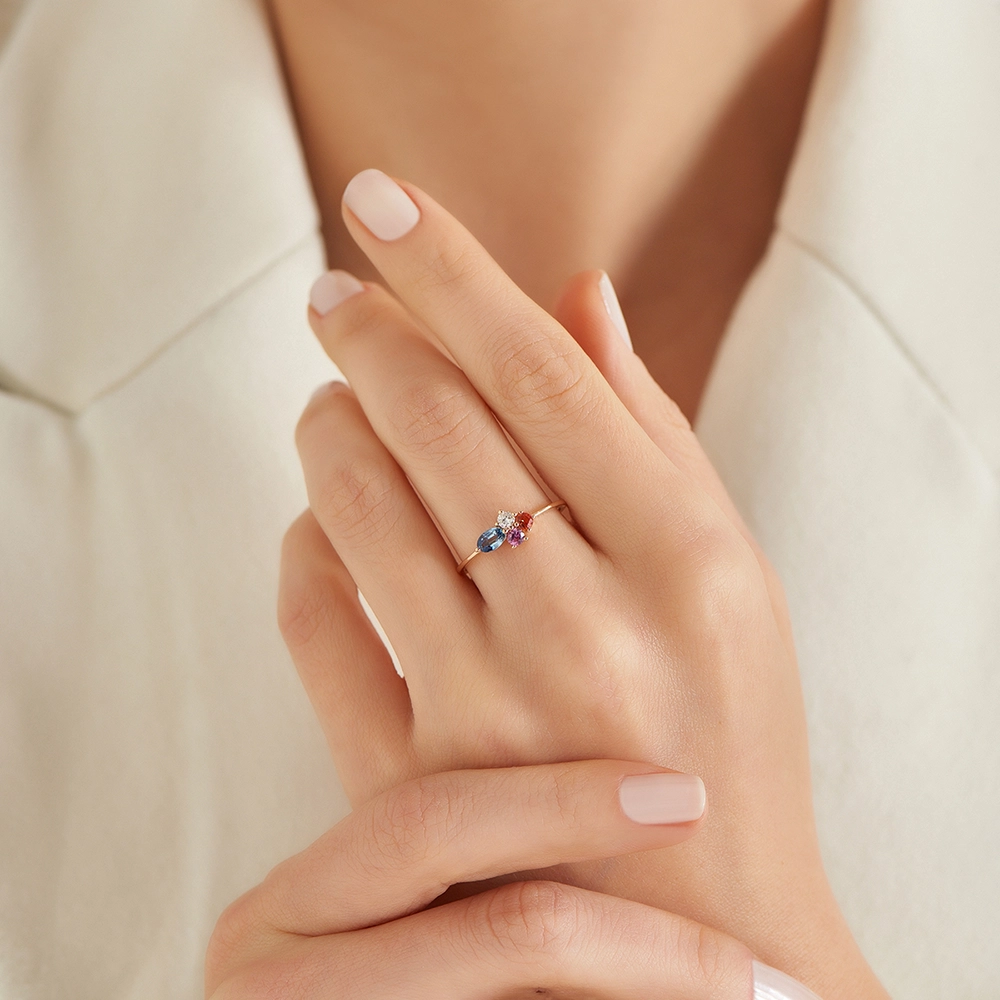 0.57 CT Multicolor Safir ve Pırlanta Taşlı Rose Altın Yüzük - Nev Jewellery (1)