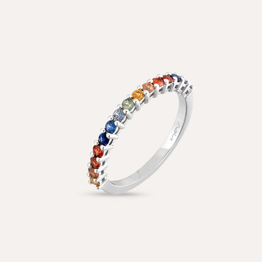 0.56 CT Multicolor Safir Taşlı Yarımtur Beyaz Altın Yüzük - Nev Jewellery