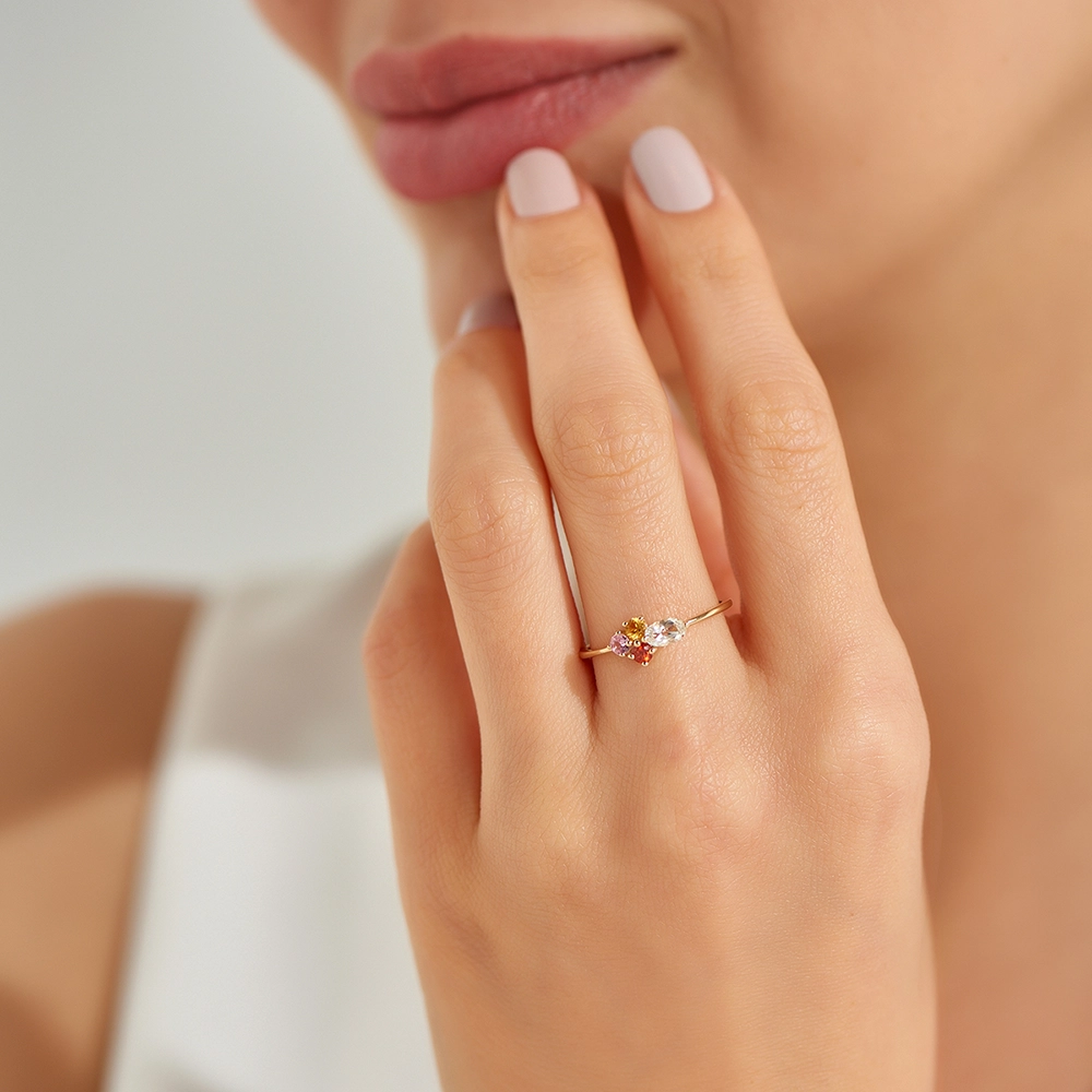 0.64 CT Multicolor Safir Taşlı Sarı Altın Yüzük - Nev Jewellery (1)